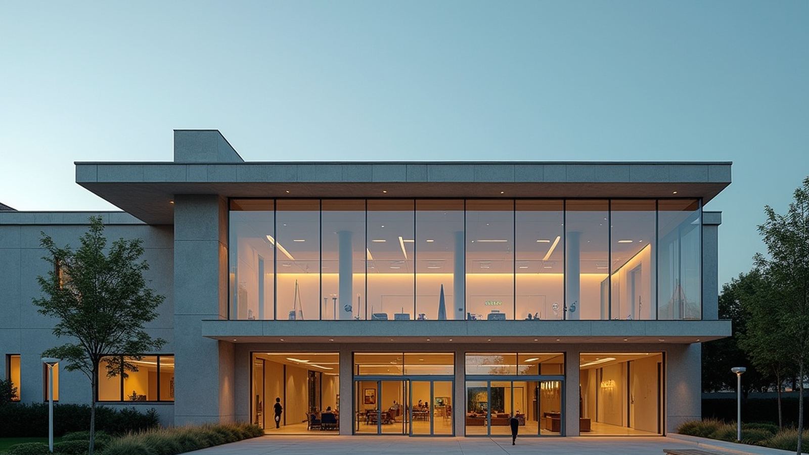 Modern European institutional building at twilight, suggesting calm civic competence